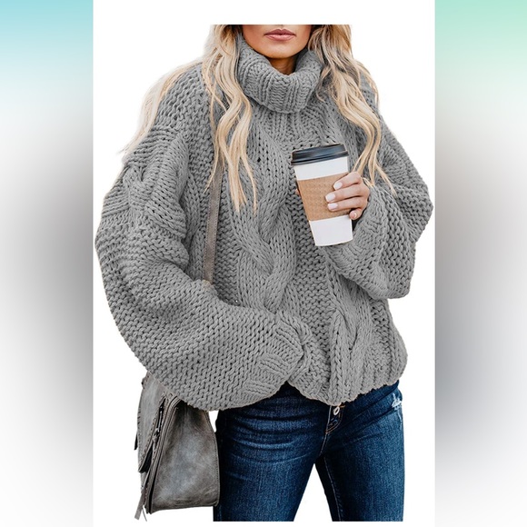 Sweaters - Gray Turtleneck High Neck Balloon Long Sleeve Sweaters Pullover